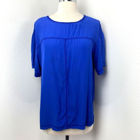 Vintage Options Melrose Royal Blue Blouse M Pullover Rayon Oversize Boho Peasant - Picture 1 of 7